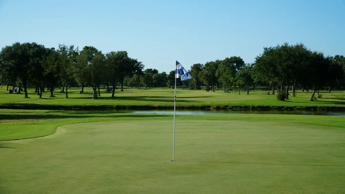 golf course with green trees in the distance